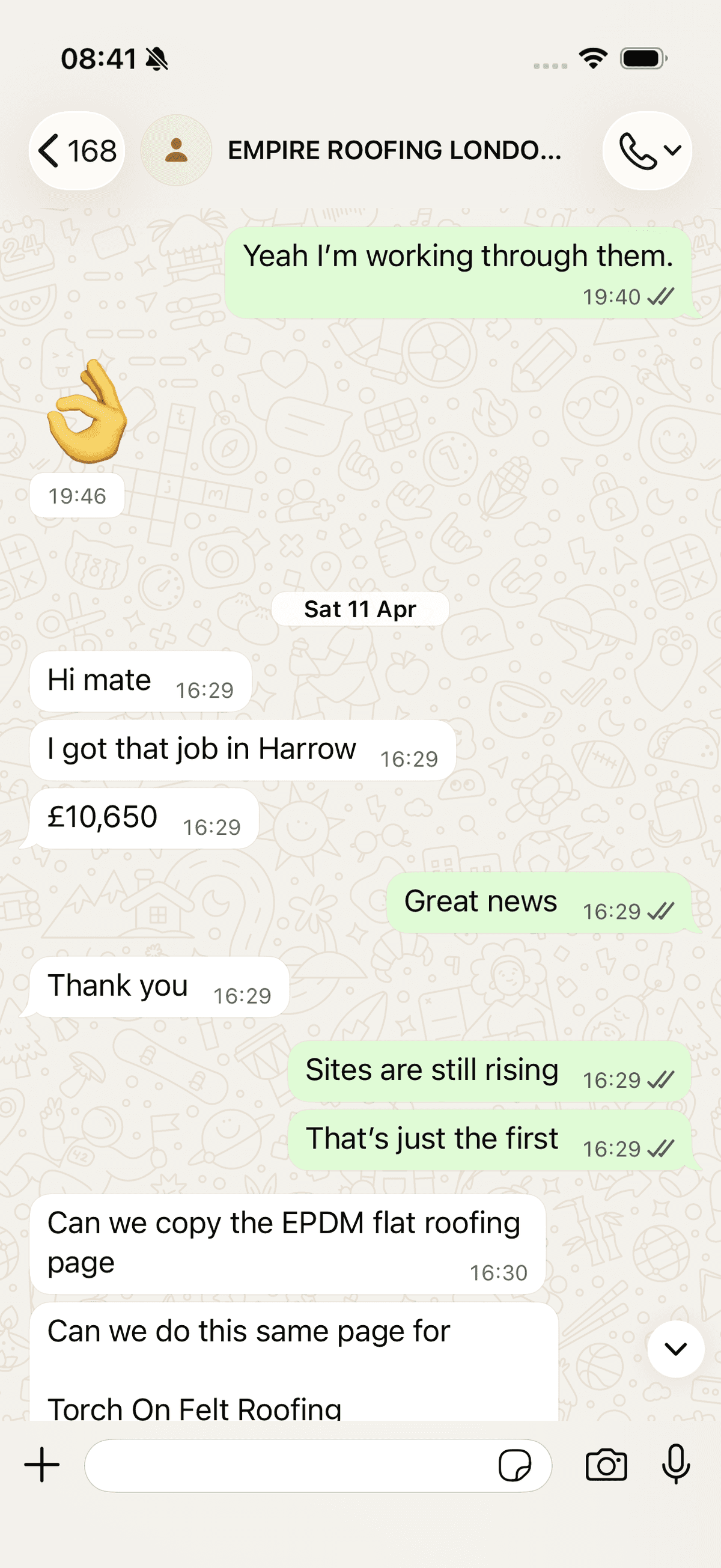 Client message: I got that job in Harrow, £10,650